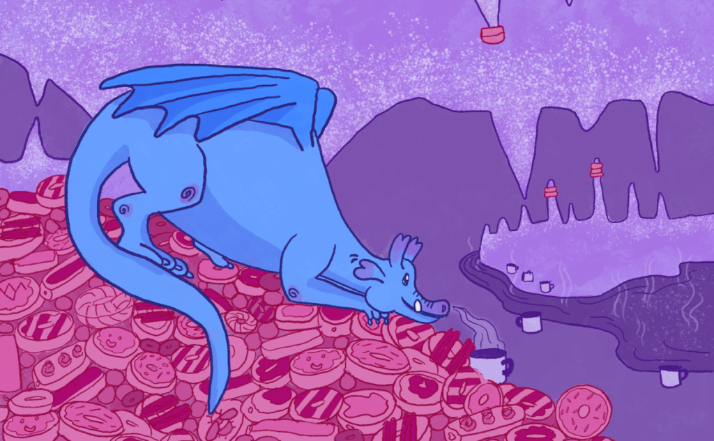 Illustration of a blue dragon laying on a pile of pink donuts in a purple cave