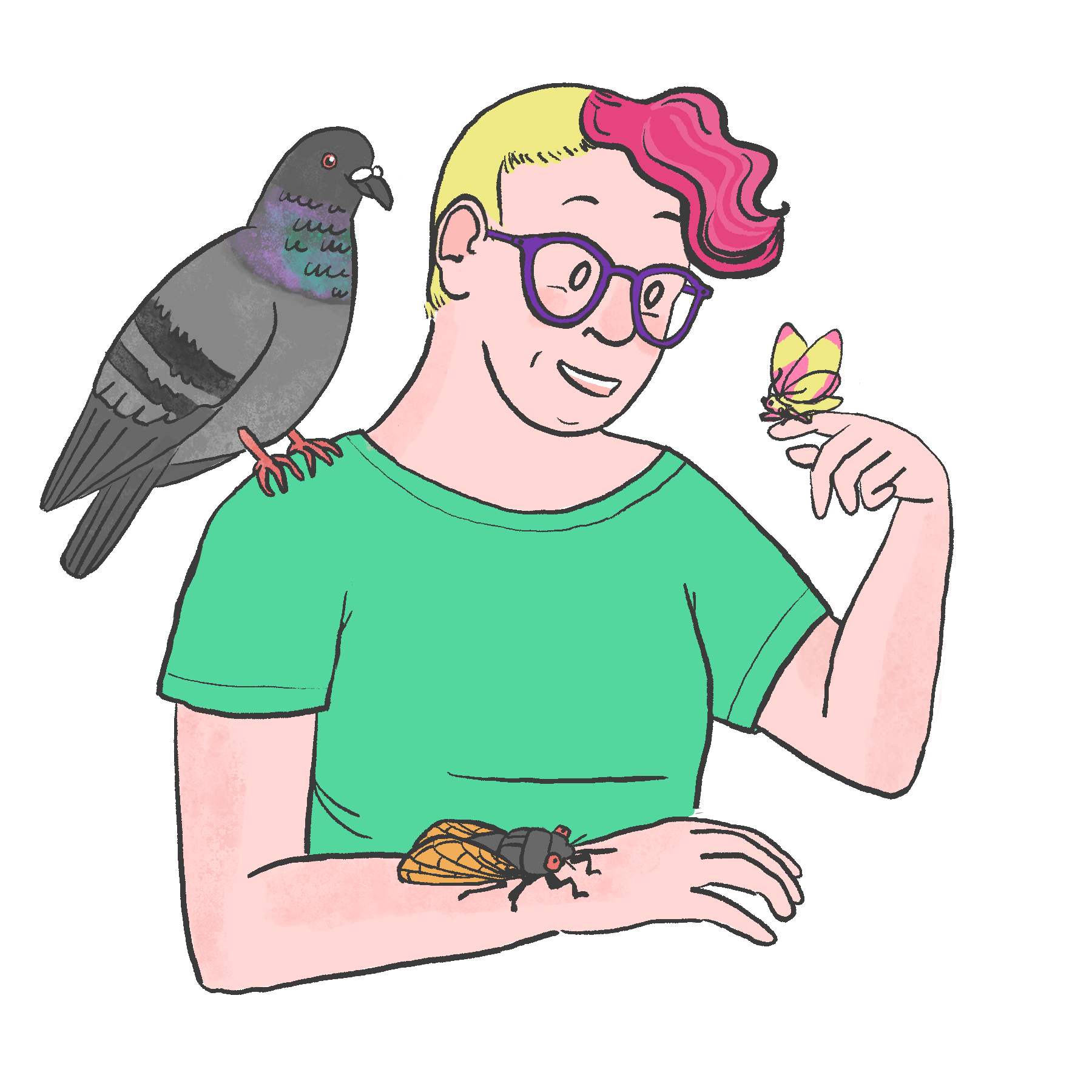 cartoon image of Kate Estrop, a white to pink skinned person wearing purple glasses with short blond hair with a shock of curly pink on the side. they're holding a rosy maple moth on one finger and have a pigeon on the opposite shoulder, and a periodical cicada crawling on that same arm.