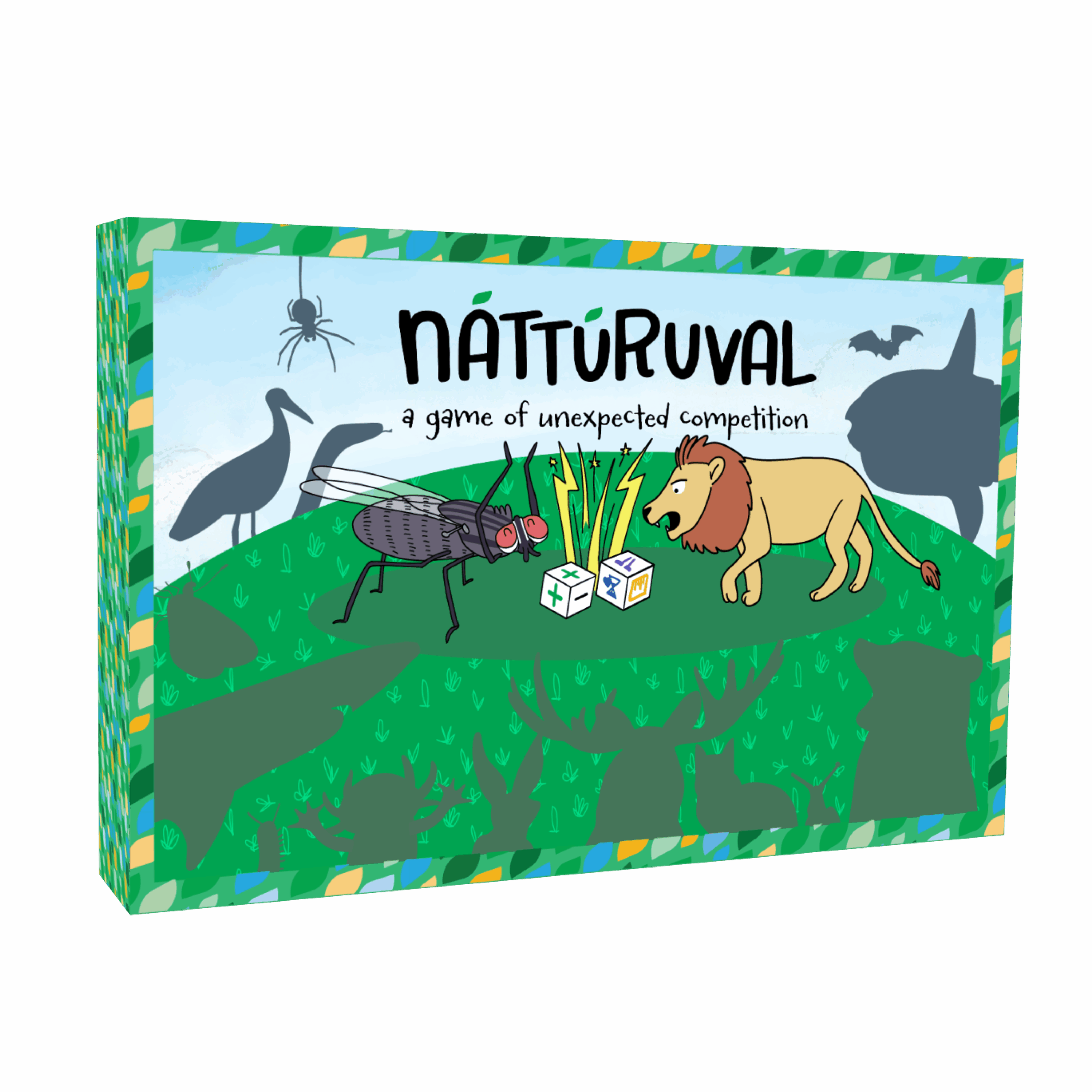 board game called Náttúruval featuring a cartoon fly and lion throwing dice in front of them, with other animals watching in the background