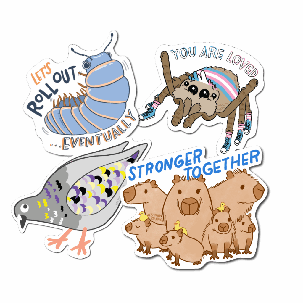 four vinyl sticker designs featuring a nonbinary pride pigeon, a roly poly, a trans pride jumping spider, and a herd of capybara